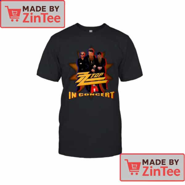 ZZ Top In Concert T-Shirt – Classic Rock Band Graphic Tee Featuring Iconic Trio and Logo